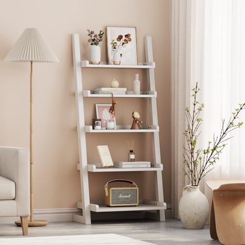 AQIMUELE White Wooden Ladder Shelf with Edges, 5-Tier Modern Leaning Bookshelf Ladder – Stylish Space-Saving Bookcase for Living Room, Bedroom & Home Office - color: White