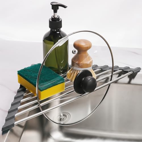 Tomorotec Triangle Roll Up Dish Drying Rack 304 Stainless Steel Dark Gray | BPA-Free Food-Grade Silicone Edges Foldable Waterproof Rustproof Heavy-Duty Space Saver Heat Resistant to 550°F - color: Dark Gray