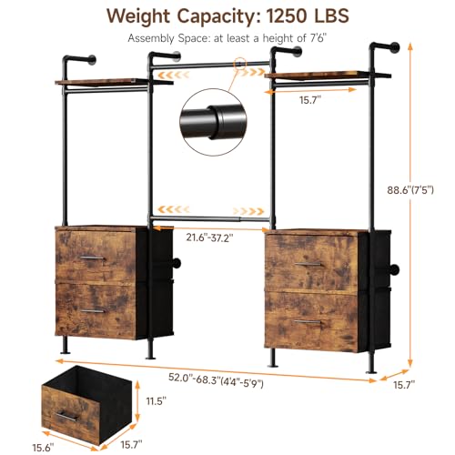 T4 Wall Mounted Closet System with 4 Large Drawers & 4 Hanging Rods | Adjustable from 4'4'' to 5'9'', Industrial Pipe Clothing Rack with 8 Wood Shelves, Heavy Duty Closet Organizers, Rustic Brown - color: Rustic Brown