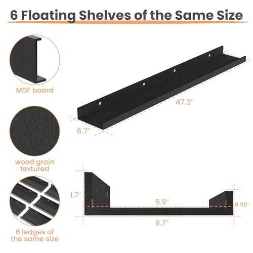 upsimples Floating Shelves for Wall Decor and Storage, Black, 6Pcs 47.3'' | Wall Mounted Wood Shelves for Living Room, Bedroom, Kitchen, Office, Hallways Display and Organize Photos - color: Black, size: 47.3in