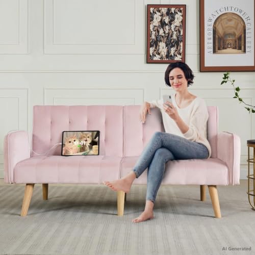 65'' Convertible Futon Sofa Bed with USB, Small Couch for Living Room | Sleeper Sofa and Loveseat, Adjustable Folding Couch with Tufted Design and 2 USB Ports, Bedroom Apartment Office, Pink - color: Pink