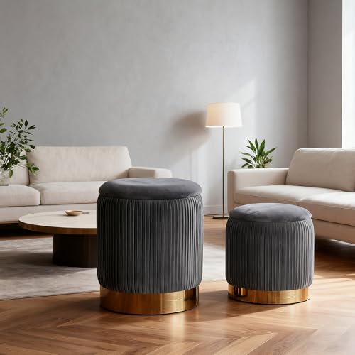 YYW HOME Gray Round Ottoman with Storage Set of 2 | Large storage capacity, Removable Lid, Used for Vanity Stoo,l Assemble Free, Nesting Packing - color: Grey