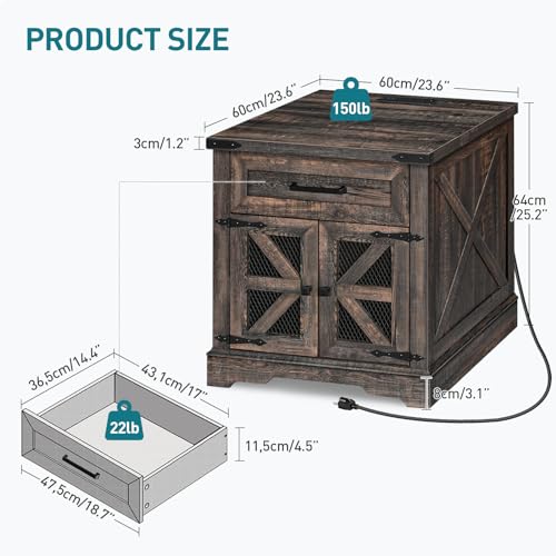 Farmhouse End Table with Charging Station, 24" Large Sofa Side Table with Drawer, Large End Table for Living Room, Wooden Nightstand with Outlet, Square, Dark Rustic Oak - color: Dark Rustic Oak