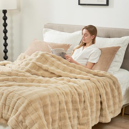 Cozy Bliss Fluffy Faux Fur Blanket King Size for Bed, Fuzzy Soft Striped Plush Blanket, Thick Throw for Bedroom Couch Gift, 108x90 Inches Beige - color: Beige, size: King(108" x 90")
