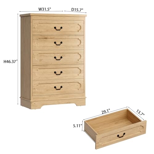 5 Drawer Dresser for Bedroom Natural Bedroom Dresser 46" Tall Wood Cabinet | Farmhouse Wooden Chest of Drawers, Rustic Wide Drawers Dressers, Hallway, Living Room - color: Natural, size: 15.7"D x 31.5"W x 46.4"H (5 Drawers)