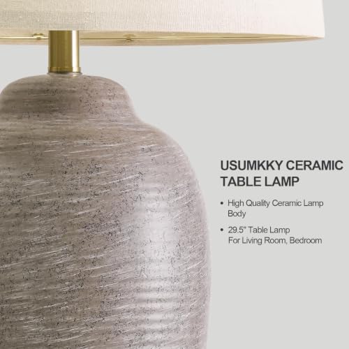 USumkky 29.5" Tall Vintage Ceramic Table Lamp with 5FT Cord - Single Large Rustic Farmhouse Bedside Lamp with Linen Shade & Natural Textured Finish, Nightstand Table Lamp for Bedroom End Table,Grey - color: 29.5" Grey