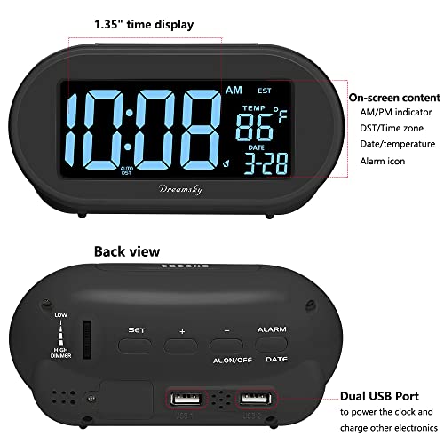 DreamSky Alarm Clocks for Bedrooms, Auto Set Digital Clock with Date & Temp | Electric Desk Clock with Dimmable Brightness Dimmer for Bedside Nightstand, Auto DST, USB Port, Temperature, Snooze - color: Black