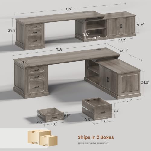 SEDETA Farmhouse L Shaped Desk with Drawers, 70.9" Home Office Desk with Storage Cabinet and Storage Shelves, L Shaped Computer Desk with Power Outlet,Gray - color: Grey, size: 70.9" L Shaped Desk