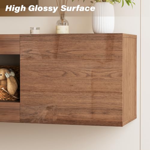 EAG 70'' Floating TV Stand with Fireplace, Modern Wall Mounted Entertainment Center with Storage for TVs Up to 80", High Gloss Media TV Console for Living Room, Decorative Faux Fireplace, Brown