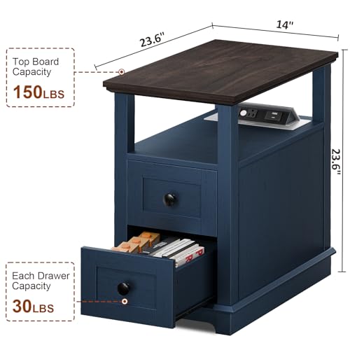 HIFYOBRO Narrow End Table with Flip Top Charging Station Set of 2 | Side Table with 2 Drawers, Type-C & USB Port & Power outlets, Wooden Storage End Table for Living Room, Bedroom - color: Dark Blue, size: 1 Set