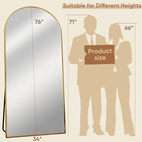 76"x34" Arched Full Length Mirror, Large Floor Mirror, Gold | Oversized Aluminum Full Body Mirror, HD Shatterproof Tempered Glass, Lean/Stand/Wall for Living Room,Bedroom, Dressing Room - color: Gold, size: 76"L x 34"W