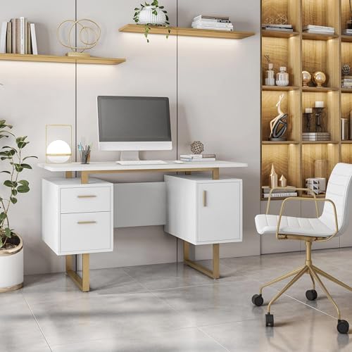Techni Mobili 51"W Computer Desk w/ 2 Drawers & Storage Cabinet, White/Gold | Home office workstation, durable construction, everyday productivity, Ideal for home office, Workspace organization - color: White/Gold