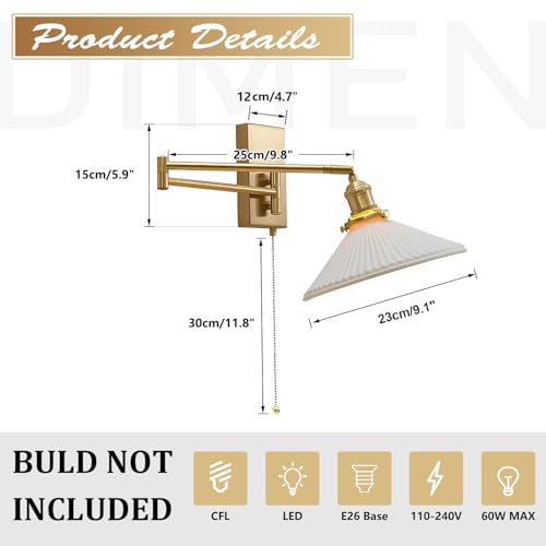 Swing Arm Wall Sconce 2-Pack, Brushed Gold Frosted Glass, 17.7" | Pull chain, frosted glass shade, bedside vanity bathroom, mid century wall light - color: A-2Pack
