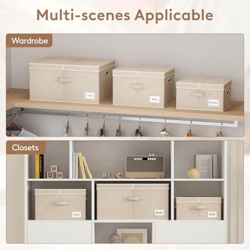 Lifewit Fabric Foldable Storage Bins with Lids and Handles,34.5L,3 Pack | Foldable, stackable clothes storage boxes with handles for decorative closet organization in bedrooms, offices,Beige