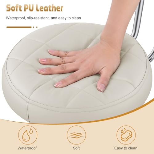 Small Armless Office Desk Chair with Back, Faux Leather Vanity Chair with Wheels - Height Adjustable, 360° Swivel, Ergonomic Rolling Computer Stool for Home Bedroom Office Beige