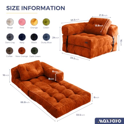 MAXYOYO Folding Sofa Bed, Convertible Chair Bed with Pillow | L-Shaped Floor Sofa with Armrest and Pillow, Foldable Portable Fold Out Comfy Chair Bed for Living Room Bedroom, NEW Orange - color: New Orange