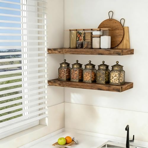 Vervida® Rustic Brown Floating Wall Shelves 35.4in Set of 3 Farmhouse | Rustic Brown Floating Shelves 35.4 x 9.3 in for Bathroom, Invisible Brackets Easy Install, Extra Long Farmhouse Decor Display - color: Rustic Brown, size: 35.4x9.3