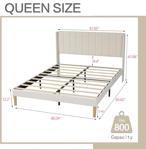 AGARTT Upholstered Platform Bed Frame Queen Size, Beige Velvet | Headboard and Footboard/Wooden Slats Support/No Box Spring Needed/Easy Assembly - color: Beige Velvet, size: Queen