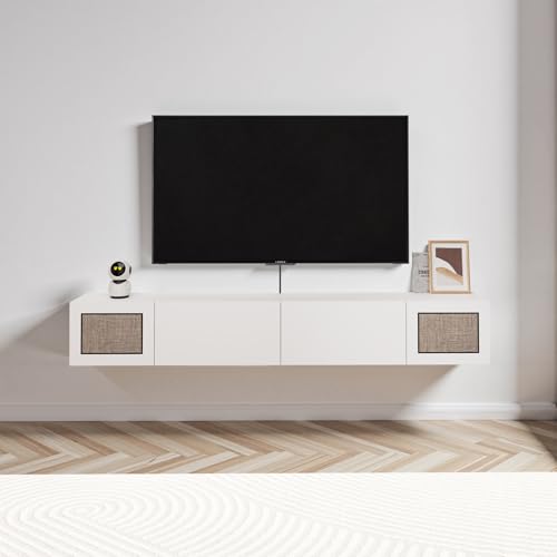 Pmnianhua Boho Floating TV Stand 70", Modern Wall Mounted Media Console with Cotton-Rayon Doors for Under TV Shelf,Entertainment Center,Living Room,Bedroom(White) - color: White, size: 70"
