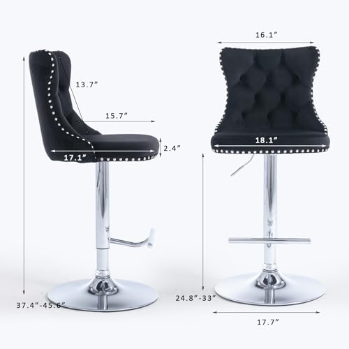Velvet Bar Stool Set of 2, Adjustable Swivel Bar Stools with Silver Plated Metal Leg, Button Tufted, Footrest, Chrome Nailhead, Counter Height Chair for Kitchen, Bar, Dining Room (Black) - color: Black-silver Leg, size: Set of 2