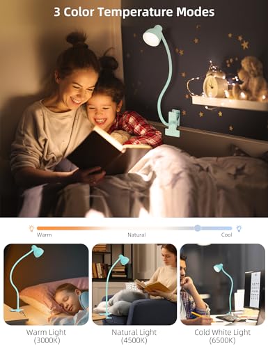 LiFMIRA Reading Light for Bed, Clip-on Desk Lamp 3 Color Modes Teal | 10 Brightness Levels Eye Care Clamp Light Flexible Gooseneck Reading Lamp Clip on Lamp for Bed Headboard Desk Bedside Dorm - color: Teal