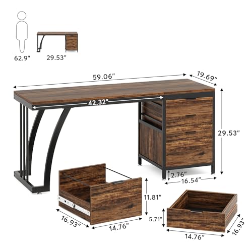 Tribesigns Computer Desk with 3 Drawers, 59-Inch PC Desk with Reversible Drawers, Industrial Study Writing Table Workstation with File Storage for Home Office, Rustic Brown - color: Rustic Brown