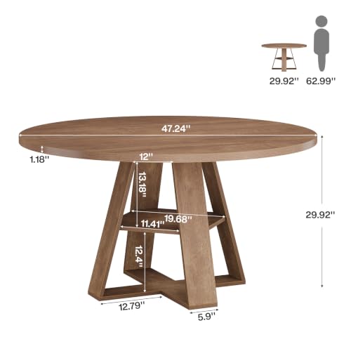 Tribesigns 47.24" Round Dining Table for 4-6, Modern Farmhouse Circle Kitchen Table with X-Cross Base & Storage Shelf, Wooden Pedestal Base for Dining Room Kitchen, Brown