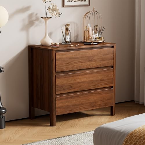 Furniway 31.5" Mid-Century Modern Dresser for Bedroom, 3 Drawer Small Chest of Drawers with Wood Legs, Large Storage Bedroom Dresser, Walnut - size: 3 Drawers