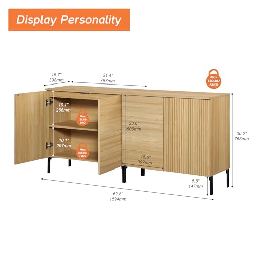 WAMPAT 63" W Fluted TV Stand TVs up to 70",2 in 1 Modern TV Entertainment Center with Storage and Adjustable Shelves, Wood Media TV Consoles Table with Storage for Living Room, Oak - color: Oak, size: 63" W