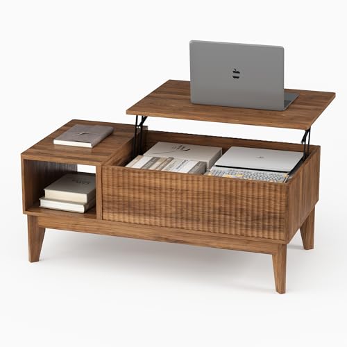 Fluted Coffee Table with Storage, Oval Lift Top Modern Rectangle Table for Living Room