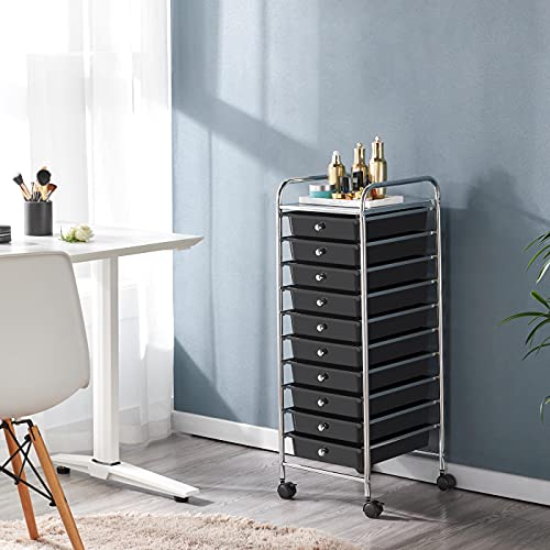 Yaheetech 10-Drawer Rolling Storage Cart with Wheels, Slim Organizer, Black | Ten see-through drawers plus a top shelf organize craft, office, and art gear; slim steel frame, locking wheels, easy setup. - color: Black, style: 10 Drawers