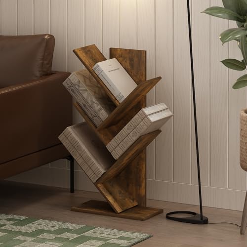 Furinno Tree Book Shelf, 5-Tier Bookshelf with Angled Open Shelf, Tree Bookcase for Room Decor, 8.4 x 15.7 x 30.3, for Organization and Storage, for Living Room, Bedroom, Home Office, Amber Pine - color: Amber Pine, size: 5-Tier Tree Bookcase