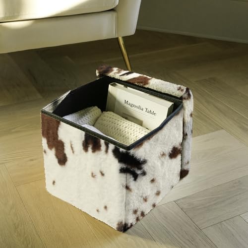 Luxe Faux Fur Storage Ottoman, Cowhide Brown/White, 12 x 12 x 12 in | Engineered Wood, Tool-Free Assembly, Modern Style, Seat And Footrest - color: Cowhide Brown/White, size: 12"D x 12"W x 12"H