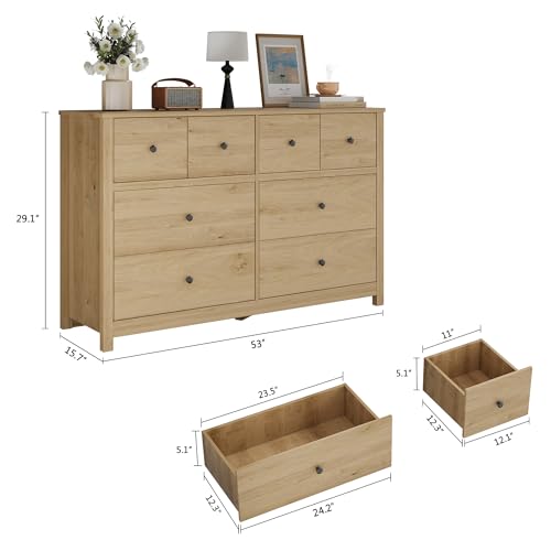 Garvee Oak 8 Drawer Dresser, Large Modern Dresser for Closet, Bedroom | Storage Chest with Large Drawers & Wide Top for Hallway, Entryway - color: Oak, size: 15.7"D x 53"W x 29.1"H (8 Drawers)