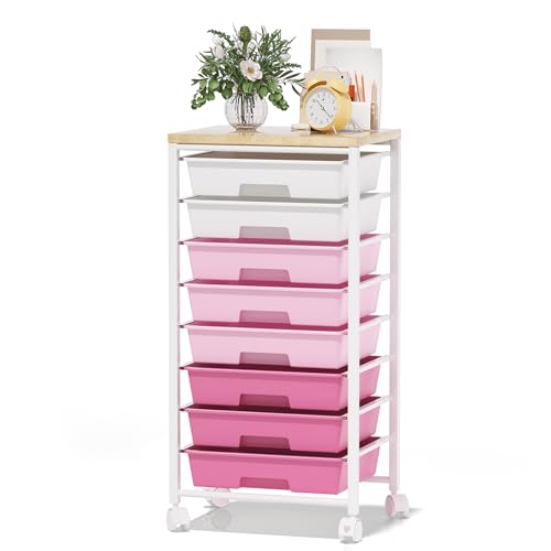 Rolling Cart with 8 Drawers, Storage Drawers Cart with Wooden Tabletop and Lockable Wheels, Craft Storage for Living Room, Office, Classroom, Craft Room, Bedroom - color: Pink