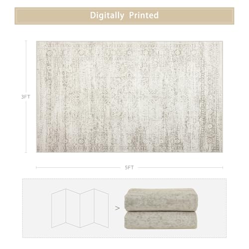 Washable Rugs 3x5 Area Rugs for Living Room,Bedroom,Kitchen,Laundry Room | Ultra Soft,Kids & Pet Friendly,Machine Washable,Non-Slip & Non-Shedding,Small Vintage Low Pile Entryway Rug for Indoor Entry - color: Beige-ivory-cream-brown-camel, size: 3' x 5' (