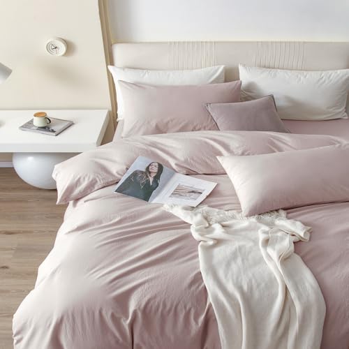 JIYUAN Full Washed Cotton Duvet Cover Set, 3-Piece, Relaxed Linen Feel | Includes 2 Pillowcases, Hidden Zipper & 8 Corner Ties. Naturally Soft, Breathable & Lightweight. Machine Washable. - color: Heathered Greyish Pink (No Comforter), size: Full(80"x90")
