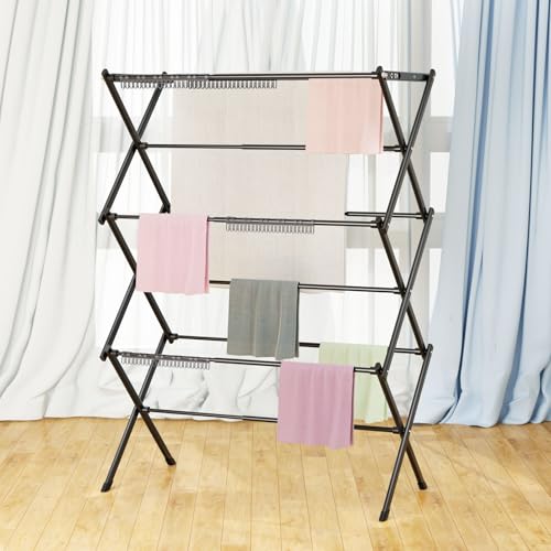 3 Tier Clothes Drying Rack, Foldable Drying Rack Clothing,Indoor & Outdoor Laundry Rack for Drying Clothes,Space-Saving Design,Small Collapsible Portable Dryer Racks for Laundry,Pure Black - color: Pure Black