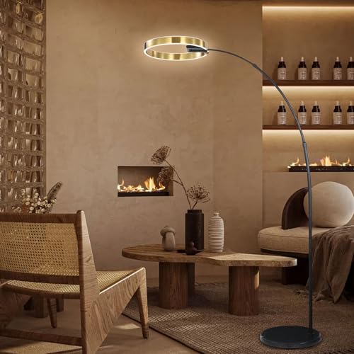 Modern Iron Arc Floor Lamp with LED Ring Shade - Nordic Dimmable Standing Lamp - Height Adjustable Vertical Lamp with Marble Base
