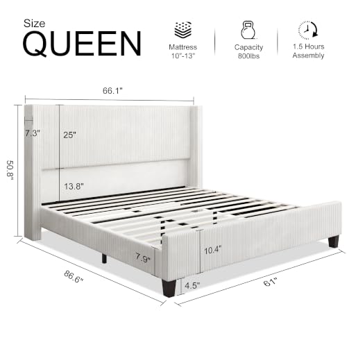 Queen Size Bed Frame with 50.8 Inch Corduroy Wingback Headboard, White | Modern Upholstered Platform Bed, Solid Wood Slats, No Box Spring Needed, Noise-Reducing Design - color: White, size: Queen