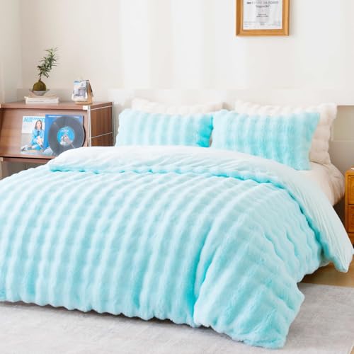 Fluffy Blue Duvet Cover Full Set, Soft Shaggy Plush Rabbit Bedding Set 3 Pieces (1 Fuzzy Comforter Cover + 2 Faux Fur Pillow Cases) Zipper Closure(Blue, Full) - color: Blue, size: Full