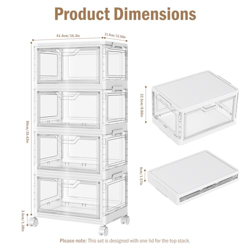 Kmiectse Clear Storage Bins with Lids - 4 Tier 32qt Plastic Stackable Bins | Clear Storage Bins with Lids - 4 Tier Plastic Bins with Wheels, Stackable Storage Bins, Closet Organizers Box - size: 32QT-4Pack&1Lid