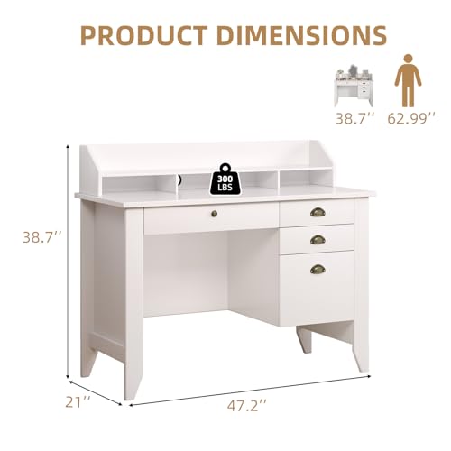 4 EVER WINNER White Desk with Drawers, 47'' Small Desk with File Drawer for Small Spaces, Wood Computer Desk with Monitor Stand for Home Office, Bedroom, White - color: White