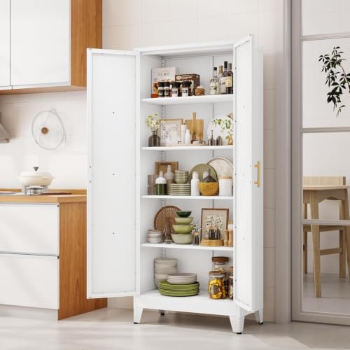 71" Metal Kitchen Pantry Storage Cabinet with 2 Doors and 4 Adjustable Shelves,White Farmhouse Pantry Cabinet,Steel Garage Tool Cabinet Freestanding Cupboard for Kitchen,Dinning Living Room - color: 3white, size: 15"D x 29.9"W x 71"H