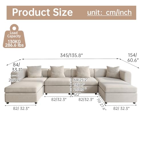 135.8" Velvet Sectional Sofa with 4 Pillows Convertible U-Shaped Couch with Cushions, Oversized Sectional Sofa with Storage Ottoman, 6 Seaters Sofa Couch for Living Room, Beige - size: 6 Seaters(With Ottoman)