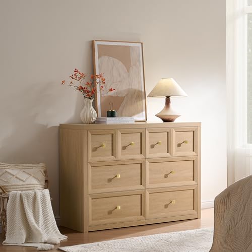 6 Drawers Dresser for Bedroom-46.5" Wide Wooden Chest of Drawers with Large Storage, Farmhouse Closet Dressers with Drawers, Long Dresser TV Stand for Living Room Bedroom, Natural Oak - color: Natural Oak, size: 15.5"D x 46.5"W x 33.6"H (6 Drawers)