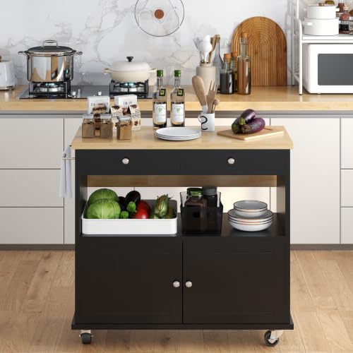 롤링 키친 아일랜드, 접이식 드롭 리프 브렉퍼스트 바, 89.9cm(35.4인치) 너비 주방 카트, 보관 캐비닛 및 서랍 2개, 수건 걸이가 있는 휴대용 모바일 주방 아일랜드 테이블, 잠금 가능한 바퀴, 블랙 - color: 블랙., size: Drop Leaf