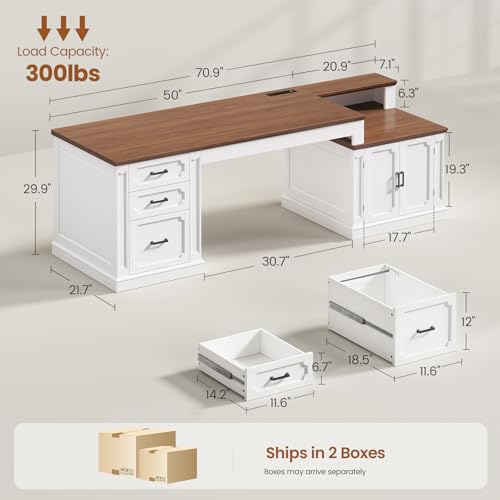 SEDETA Farmhouse 70.9" Executive Desk, Home Office Desk with File Drawers and Storage Cabinet, Computer Desk with Power Outlet for Home Office, Work Study Writing, White+Brown - color: White+brown, size: 70.9" Executive Desk