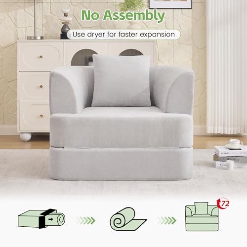 2-in-1 Folding Sofa Bed, Chenille Convertible Single Sleeper Chair Bed, Modern Boneless Foldable Couch, High-Density Foam Lounge Chair for Living Room, Bedroom, No Assembly Required, Light Grey - color: Light Grey