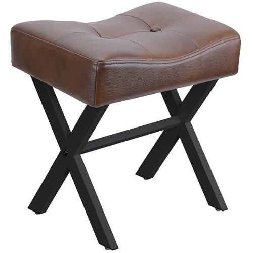 18-Inch Leather Vanity Stool Chair, Dark Brown Makeup Stool | Vanity Bench, Metal X-Leg, Ottoman Accent Stool, Thick Padded Saddle Seat, 300 LBS, 16.3"x12.4"x18", For Bedroom, Closet - size: Small, style: Dark Brown Leather